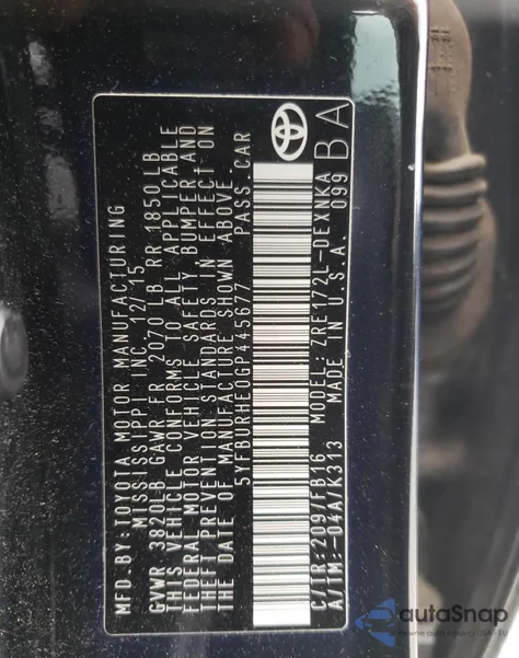 2016 Toyota Corolla L из США, поврежденный, VIN 5YFBURHE0GP445677